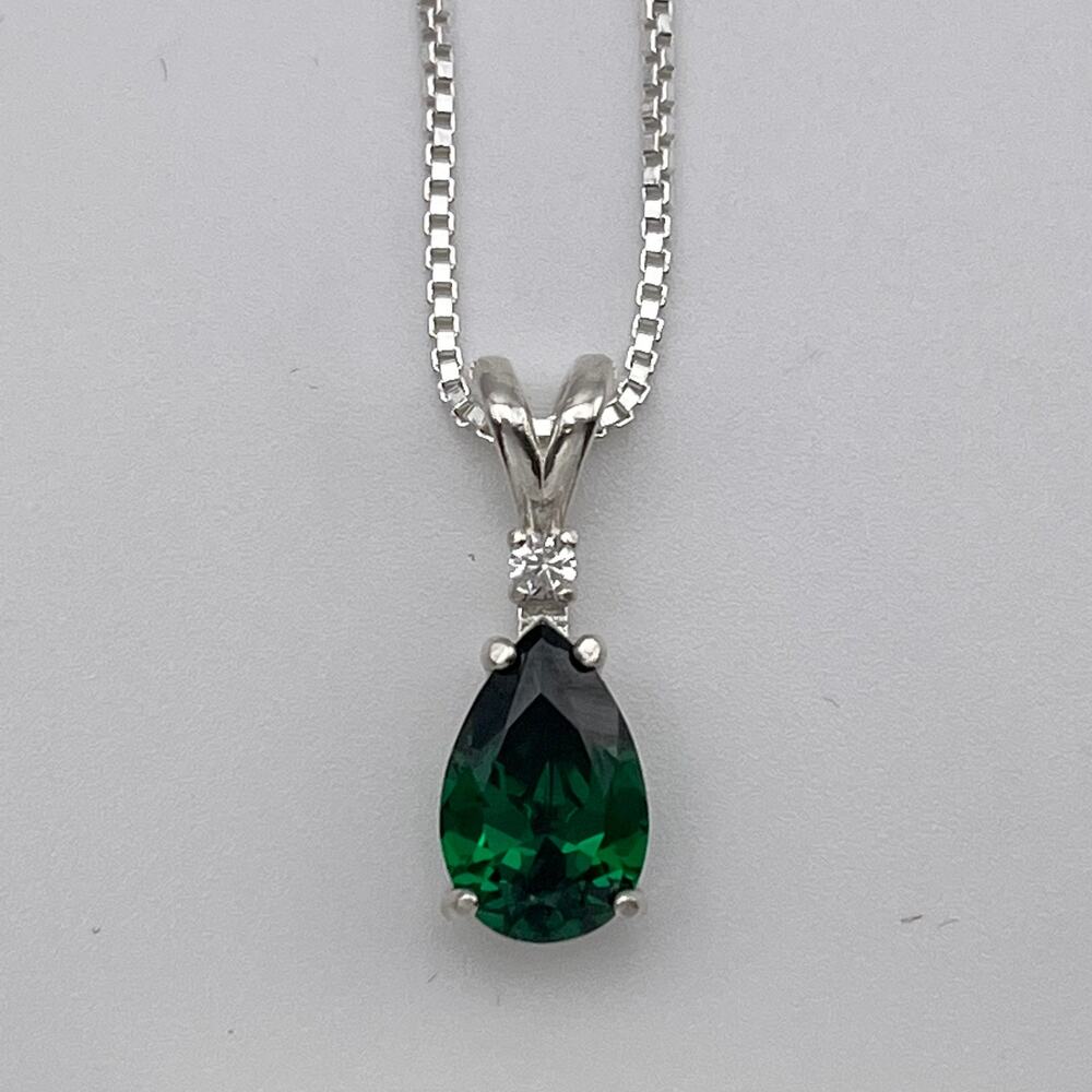 Beautiful 4ct Pear Cut Emerald Necklace White Sapphire Accent Sterling Silver